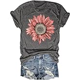 Womens Cute Flower Tshirt Sunflower Graphic Tees Crew Neck Summer Short Sleeve Loose Fit Tops