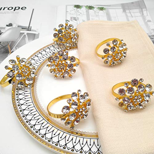 Joyindecor Napkin Rings Set of 6 - Crystal Flower Rhinestone Napkin Ring Holder for Wedding Party Home Kitchen Dining Table Linen Accessories (Golden-1)