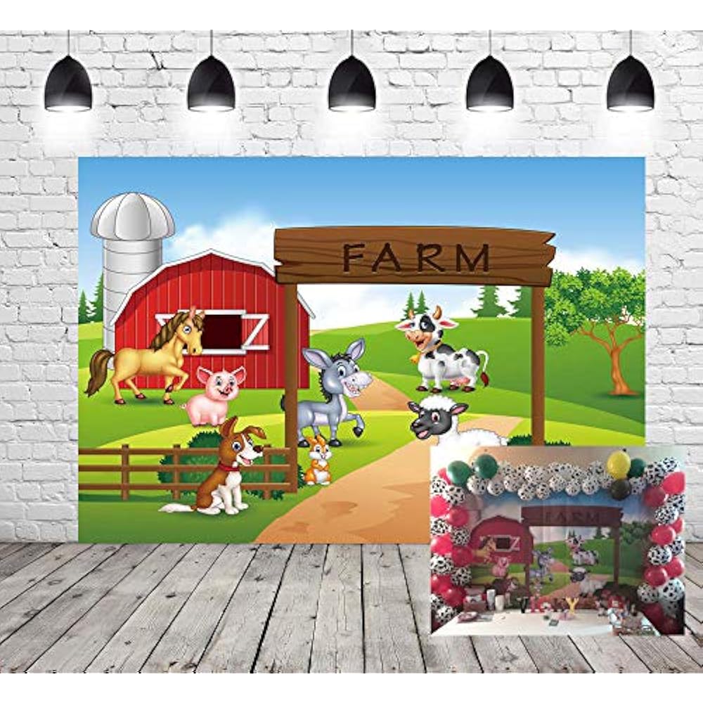 Farm Theme Photography Backdrop Red Barn Animals Barnyard House