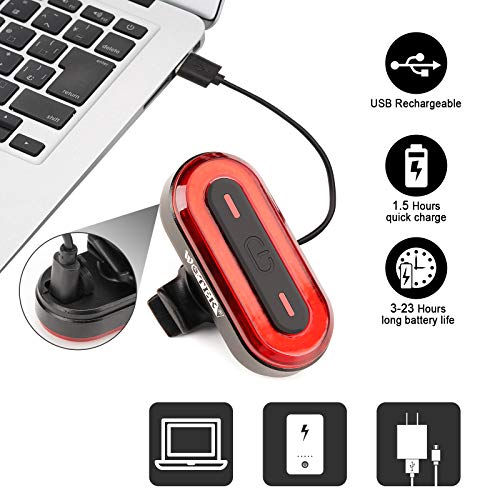 WOTEK Feu Arrière Vélo LED, Eclairage Arrière Vélo, Lumière Vélo Arrière 6 Modes d\'Eclairage, USB Rechargeable 400mA Pour le Cyclisme-Impermeable et Antichoc