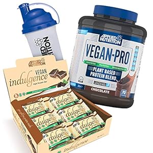 Applied Nutrition Bundle Vegan Pro Plant Based Protein Powder 2.1kg + Vegan Indulgence, High Protein Bar Snack, Box 12 x 50g + 700ml Shaker (Vegan Chocolate + Choc Mint Bars)