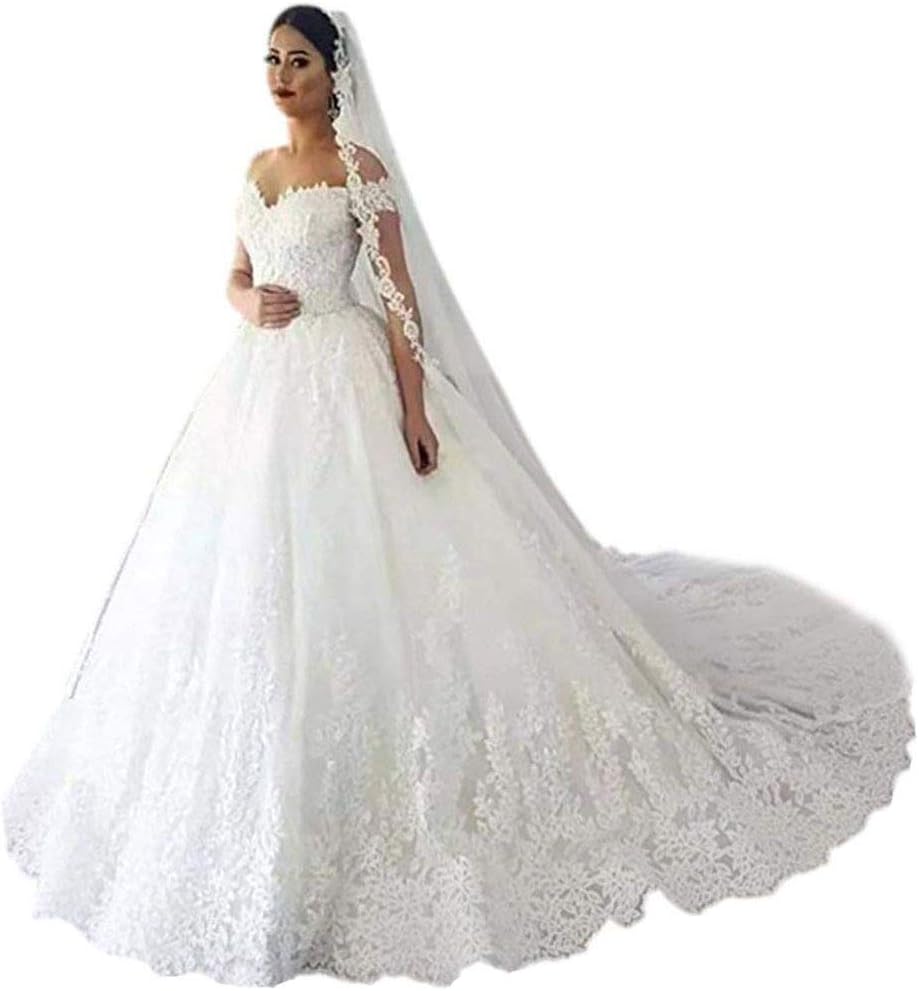 Gorgeous Plus Size Off Shoulder Lace Court Train Bridal Gowns Wedding Dress for Bride 2020