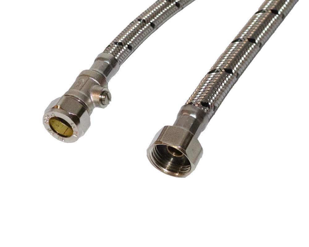 Aumix x2 (Pair) 15mm x ½” inch BSP 9mm Bore 500mm Flexible Braided Pipe Bathroom Tap Connector Hose with Isolator Valve WRAS Approved