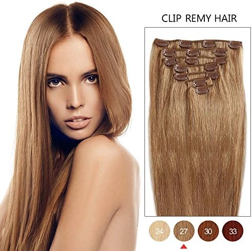 24" Remy Clip in Hair Extensions 100g/Set Long Thick Soft Silky Straight Full Head Natural Human Hair Extension #27 Strawberry Blonde