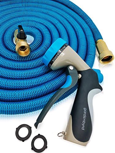 GARDENBYRD - 2017 Expandable Hose &amp; Hose Nozzle, 50ft Water Hose with Brass Connectors and Triple Layer Latex comes with 8 Pattern Hose Nozzle and Washers, Blue, Black
