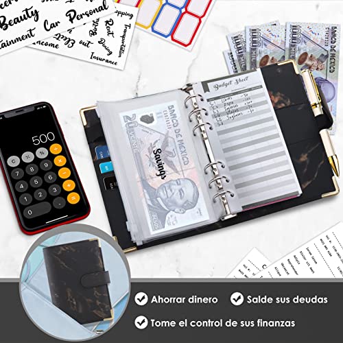Organizador de Dinero, Carpeta de Cuaderno A6 de Presupuesto, Agenda de Ahorro, Hoja de Presupuesto de Gastos en Efectivo con Sobre de Efectivo, Papelería de Utiles Oficina para Adultos y Niños(Negro)