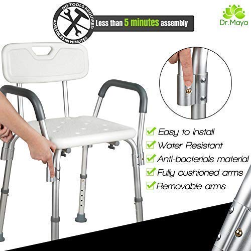 Dr. Maya Adjustable Shower Chair with Back and Arms Free Suction