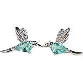 Hummingbird Stud Earrings, with Aqua Crystal and Rhinestone Wings Cute Unique Earrings Bird-Themed Jewelry Gift