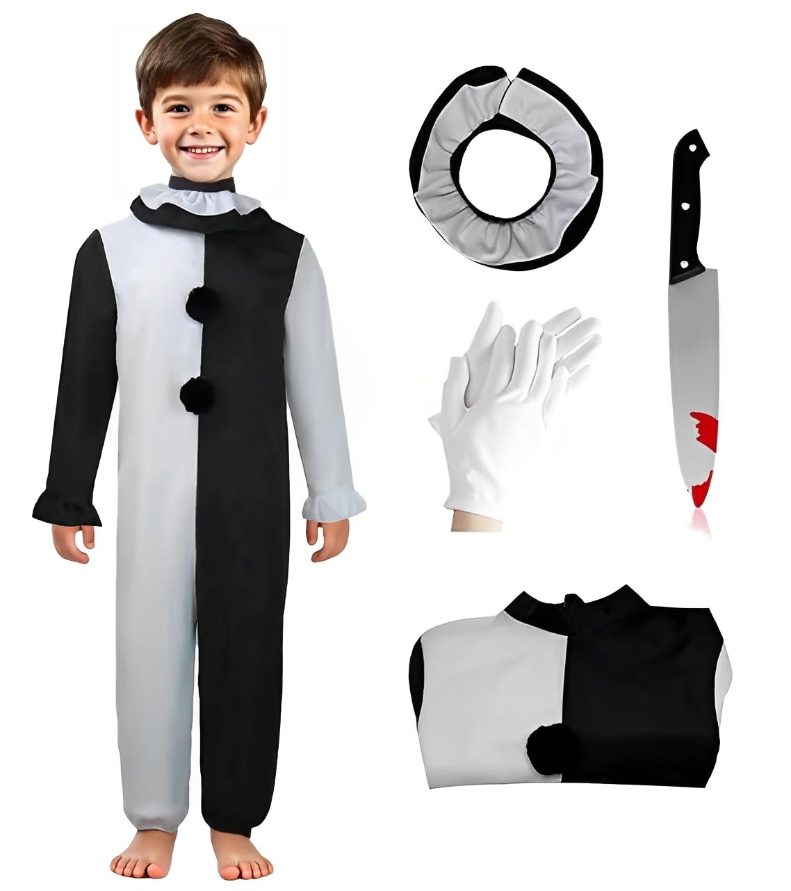 Photo 1 of *** ONLY JUMPSUIT AND COLLAR *** Pigmiss Kids Art The Clown Costume-Scary Killer Halloween Masquerade Party CosplayCostume, 120cm White