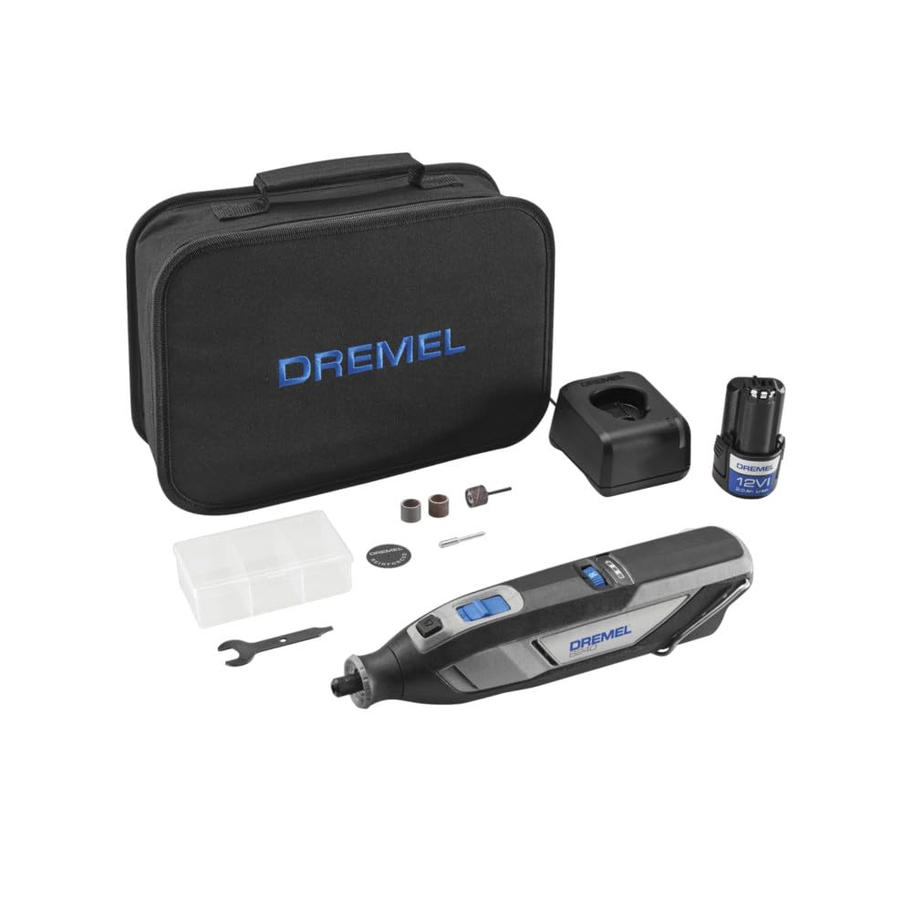 Dremel 8240-5 Kit de herramientas rotativas inalámbricas de 12 V con velocidad variable y agarre cómodo: incluye batería de 2 AH, cargador, 5 accesorios, llave y bolsa de transporte de tela para herramientas