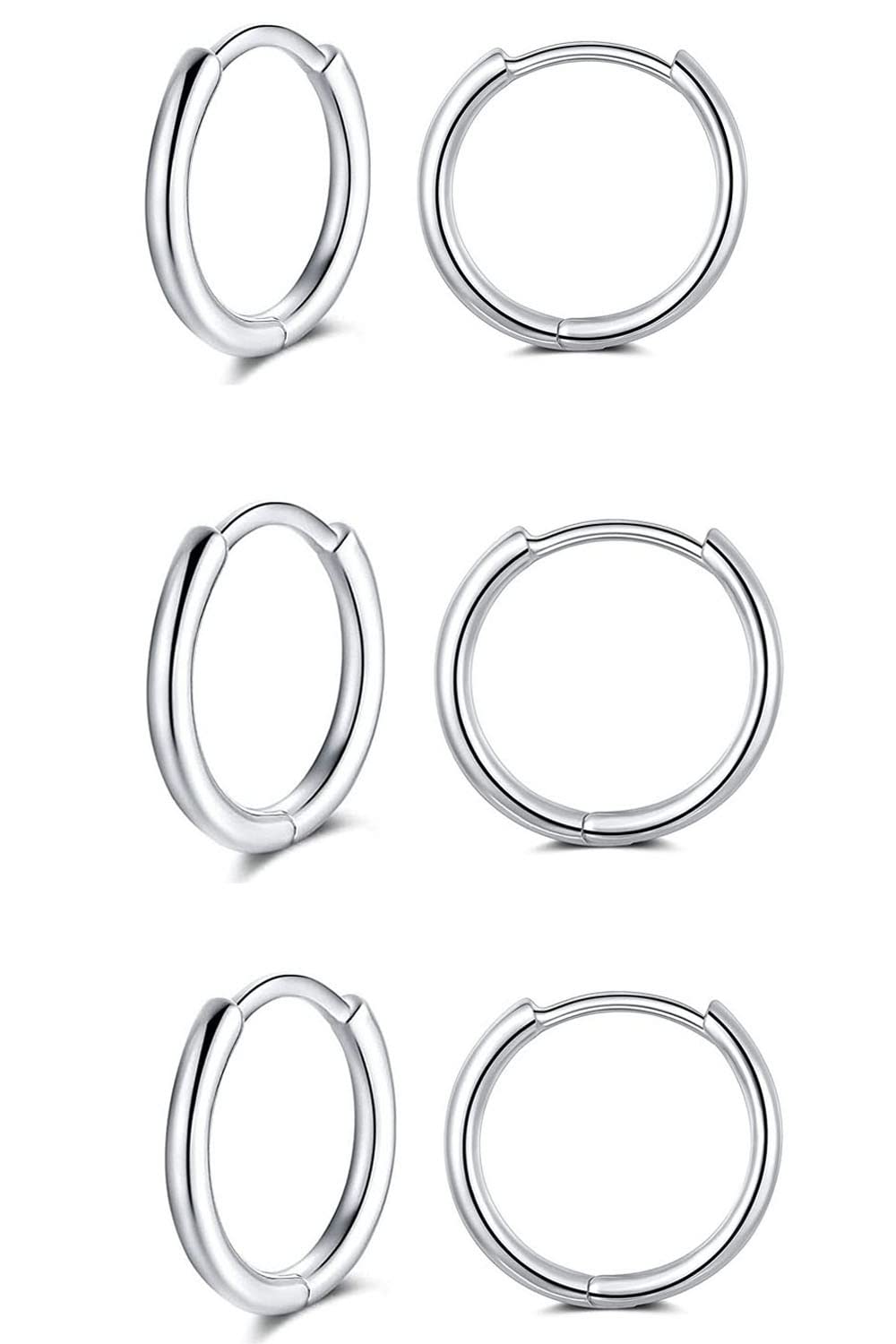 GULICX 10mm Silver Hoop Earrings Set for Women Men Girls, 3 Pairs Hypoallergenic 925 Sterling Silver Unisex Small Helix Cartilage Tragus Sleeper Hoops Huggie Hinged Earrings for Teens Gift