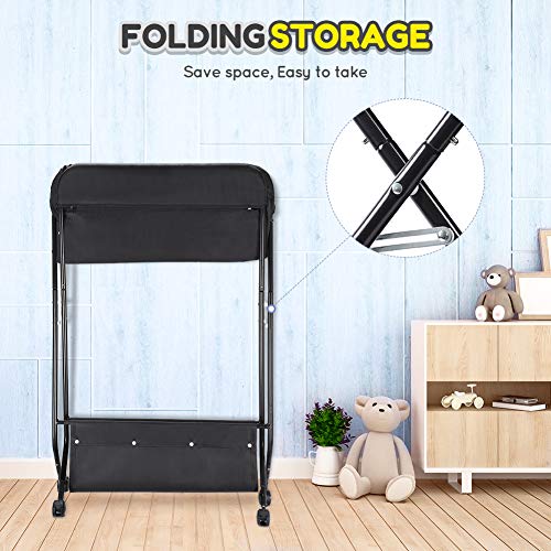 Baby Changing Table with Wheels, FORSTART Adjustable Height Folding Diaper Station Portable Mobile Nursery Organizer with Newborn Clothes & Storage Rack for Infant