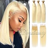 Dorabeauty #613 Blonde Hair 4×4 Lace Closure with 3 Bundles 100% Brazilian Remy Human Hair (ST 10
