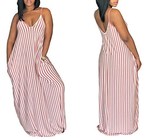 Women's Casual Stripe Long Maxi Dresses with Pockets Spaghetti Strap Sleeveless Loose Beach Sundress - Thumbnail 2
