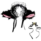 Kobwa(TM) Unique Head Decoration Plush Lace Bell Cat Ears Clip Hairpin (Black and Pink,Set of 2) with Kobwa's Keyring