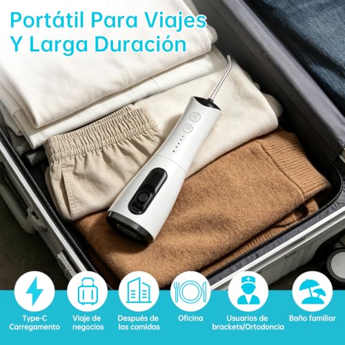 Irrigador Oral Portátil Sem Fio 300ml com 5 Bico Higiene Limpeza | Recarregável Type-C, Pressão Ajustável, Impermeável IPX7, Carregamento Rápido, Longa Duração Bateria, Uso Doméstico Viaje