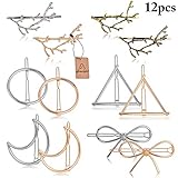 Womens Barrettes, Fascigirl 12PCS Metal Hairpins Gold Silver Butterfly Hair Clips for Girls Tree Branch Alloy Geometrical Moon Circle Bowknot Hair Circle Barrettes for Thick Hair Women