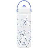 KEWIXY 18 oz Blue Bow Water Bottle with Straw, Leak Proof, Insulated Stainless Steel with Handle, Reusable, Metal, Backpack-side Fit (Breeze Blue Bow)