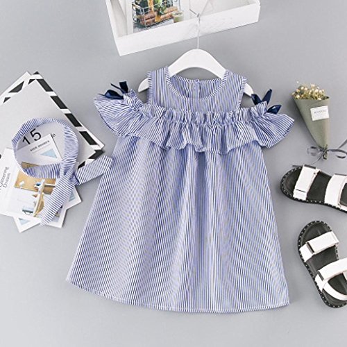 Vovotrade Toddler Kids Baby Girl Outfit Clothes Strapless Stripe Dress+Headband Set (2T, Blue)