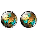 Jiayiqi Women Vintage Clock Green Butterflies Studs