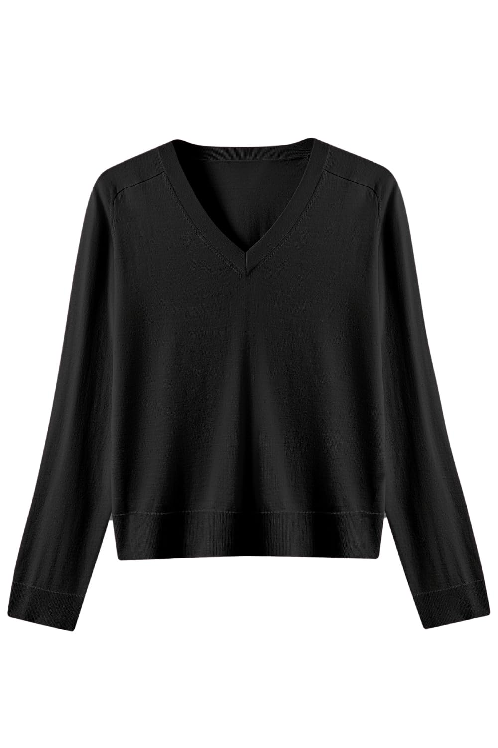 Photo 1 of Women's Merino Wool Sweater Casual Lightweight V-Neck Raglan Sleeve Top Pullover_Black_X-Large