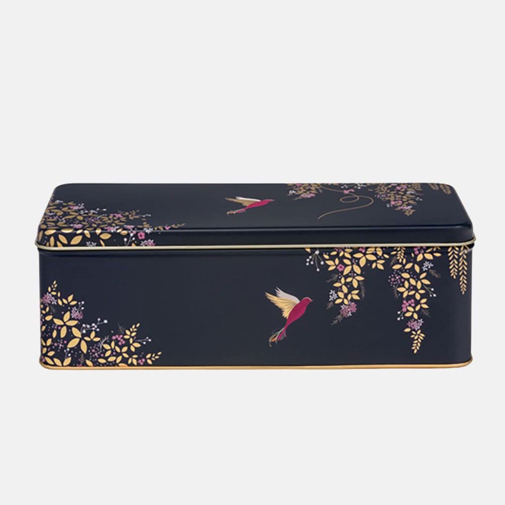 Elite Gift Boxes - Deep Long Rectangular Dark Blue Bird Tin- Decorative Metal Storage Tin box with Lid for Biscuit, Cake, Sweets, Cookie, Sewing Item