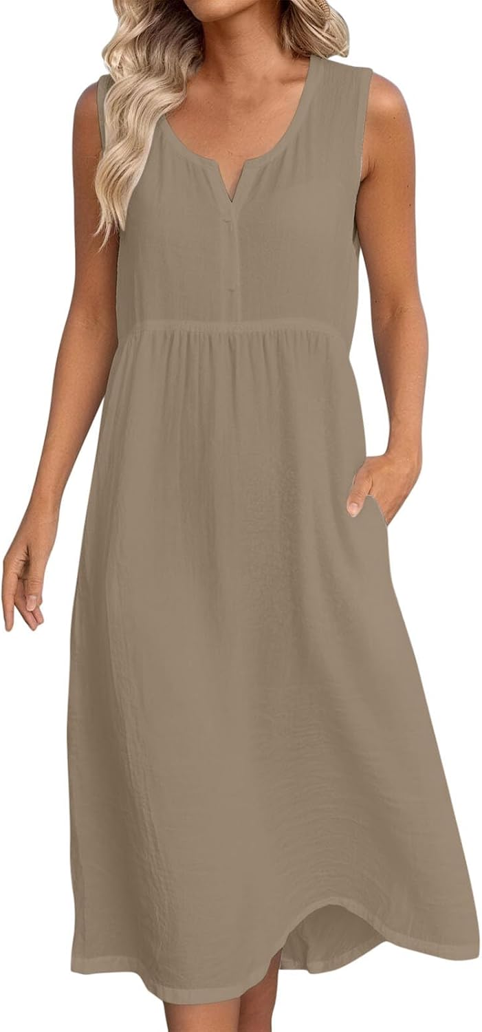 Frostluinai Womens Cotton Linen Midi Dresses Sleeveless Crewneck Empire Waist Loose Comfy Beach Casual Sundress