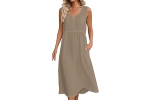 Frostluinai Womens Cotton Linen Midi Dresses Sleeveless Crewneck Empire Waist Loose Comfy Beach Casual Sundress
