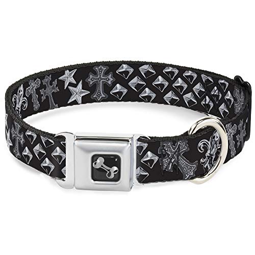 Buckle-Down Elegant Crosses/Stars/Studs Black/Grays Dog Collar Bone, Small/9-15"