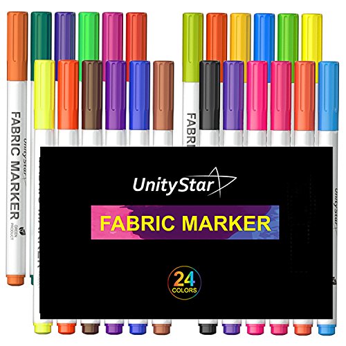 Fabric Paint Pens, UnityStar 24 Colors Fabric Markers with Fine Tip & Permanent Colors for T-shirt Graffiti Clothes Canvas Shoes Tote Bags, Minimal Bleed & Non-toxic
