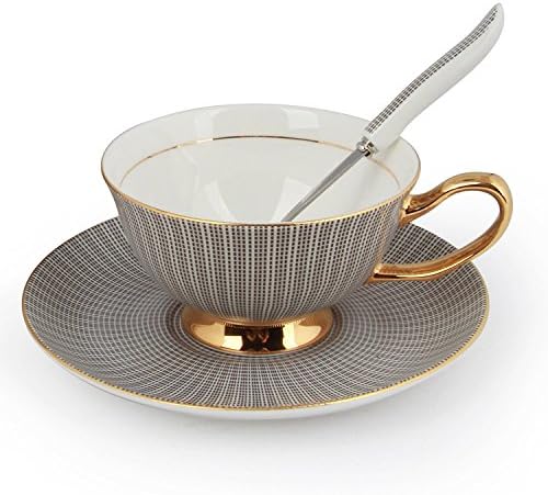 NDHT Bone China Teacups/Coffee Cups & Saucers Sets with Spoons-10.2Oz, for Home, Restaurants, Display & Holiday Gift for Family or Friends,Black,With Gift Box