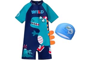 AIWUHE Toddler Boys Swimsuits One Piece Rash Guard Swimwear Zipper Bathing Suit UPF50+ with Hat Dinosaur Swimsuit Set