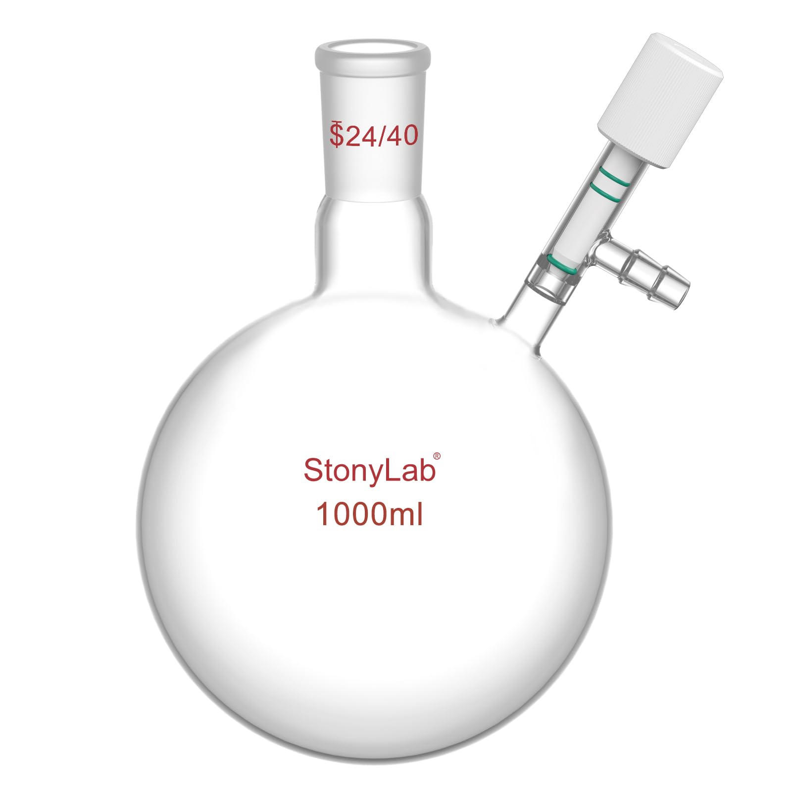 stonylab Glass Schlenk Flask, 24/40 Joint Air Free Reaction Heavy Wall Round Bottom Schlenk Flask with 10 mm Hose Connection, 1000ml