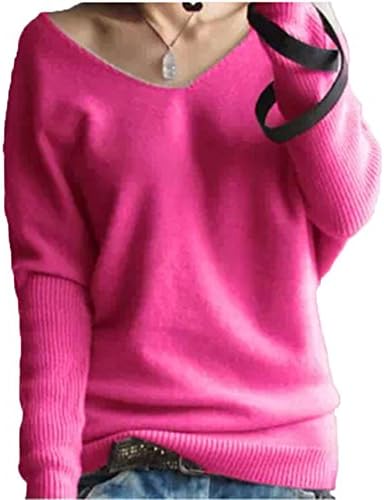 FTSUCQ Womens V Neck Pullover Long Sleeve Slim knitted Sweater Shirt Rosered Knitwear,XXL