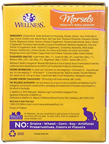 WELLNESS HEALTHY INDULGENCE NATURAL GRAIN FREE MORSELS WITH SALMON & TUNA IN SAVORY SAUCE WET CAT FOOD, 3 OZ., CASE OF 12