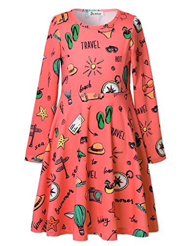 Jxstar Girl's Holiday Travel Dress Letter Print for Skater Beach Starfish Pattern Long Sleeve Dress