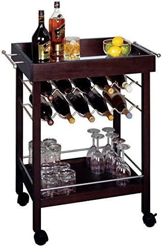 Kitchen Bar Serving Cart on 4 Caster Wheels & Lower Shelf Storage w/ Rack to Hold Alcohol up to 10 Bottles of Wine