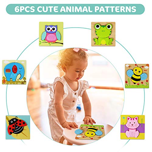 Comken Wooden Puzzles for Toddlers, 6 Pack Animal Jigsaw Puzzles for 1 2 3 Years Old Boys & Girls,Early Learning Preschool Educational Gift,Kids Development Toys