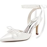 HKMFLYY Women's Pearl Heels with Bow Wedding Shoes for Bride High Heels Bridal Shoes Slingback Satin Heels