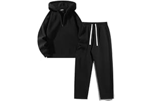 Mens Casual Baggy Sweatsuit Solid Color Loose 2 Piece Suit Quarter Zip Sweatshirt Set Hoodie Straight Wide Leg Pant Tracksuit