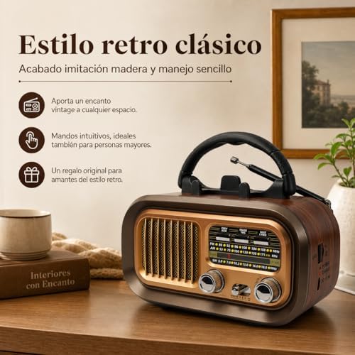 Radio Portátil Am/FM/SW Retro con Bluetooth, Batería Recargable 1200 mAh — foto 3 de 7