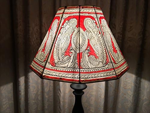Large Floor Lampshade Painted in Duel Peacock Pattern | Leather Lampshade Hand Painted in Amber Red Colour | Decagonal Lampshade - 40 CM Width and 24 CM Height