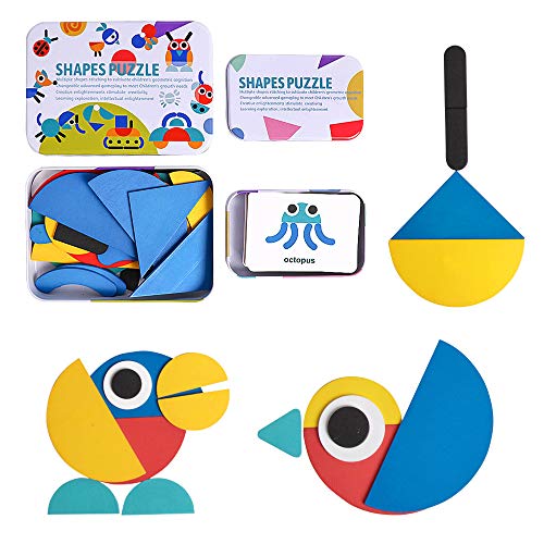 Wooden Pattern Blocks Tangram Shape Puzzle Set Color Sorting Stacking Game Wood Animal Jigsaw Preschool Montessori Brain Teaser STEM Gift for 3 4 5 Years Old Toddler Kid (60 Pattern Cards)