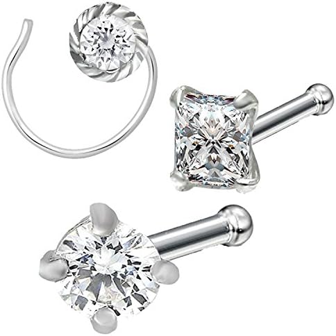 92.5 Sterling Silver Combo of 3 Gleaming Solitaire Nosepin with CZ Stones for Girls and Women CO09022