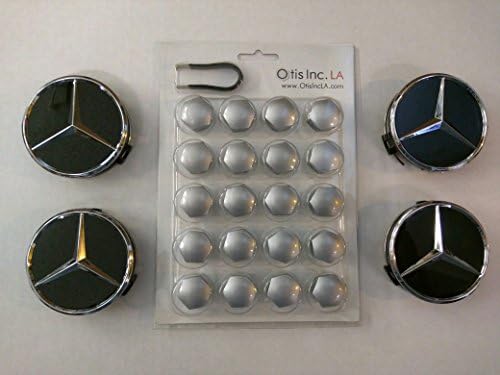 Otis Inc LA Mercedes &amp; AMG Lug Cover and Center Cap Set Silver Lug Covers / Black Center Caps