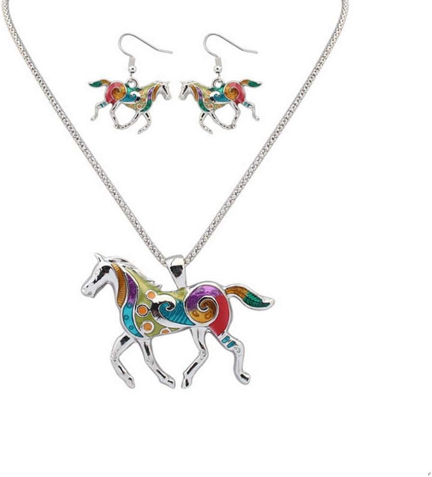 ShareCool Women Jewelry Oil Drip Rainbow Horse Pendant Necklace Earrings Set