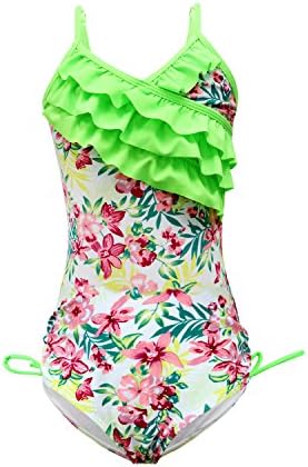 Girls Bathing Suits Adjustable Floral Modest Ruffle Swimsuit (FBA)