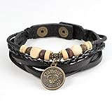 Lucky Handmade Natural Constellation Zodiac Sign Logo Genuine Real Leather Bracelet with Charms, Beads, Button, Adjustable Size, Gift for Him or for Her, Unisex (Cancer - Black Leather)