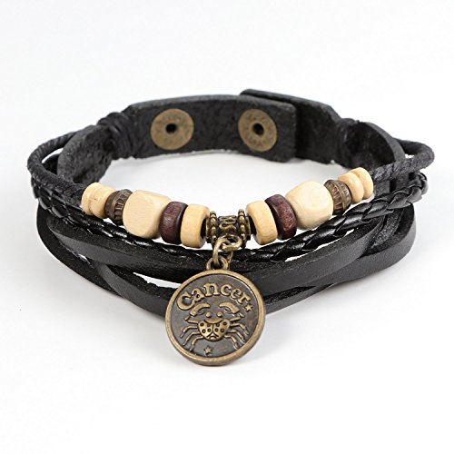 Lucky Handmade Natural Constellation Zodiac Sign Logo Genuine Real Leather Bracelet with Charms, Beads, Button, Adjustable Size, Gift for Him or for Her, Unisex (Cancer - Black Leather)