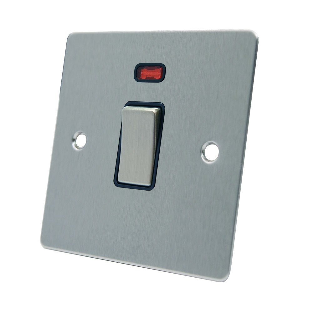 AET FSC20ASWIBS Satin Chrome Flat 20 Amp DP Black Insert Metal Rocker Switch-20A Double Pole Switch w/Neon Indicator